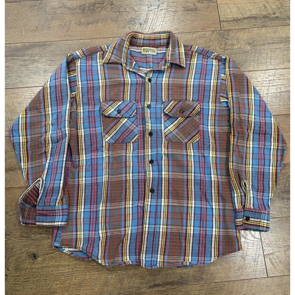 Vintage 80s Rugged Wear B.O.G. Multicolor Plaid Flannel Large Outdoors Workwear